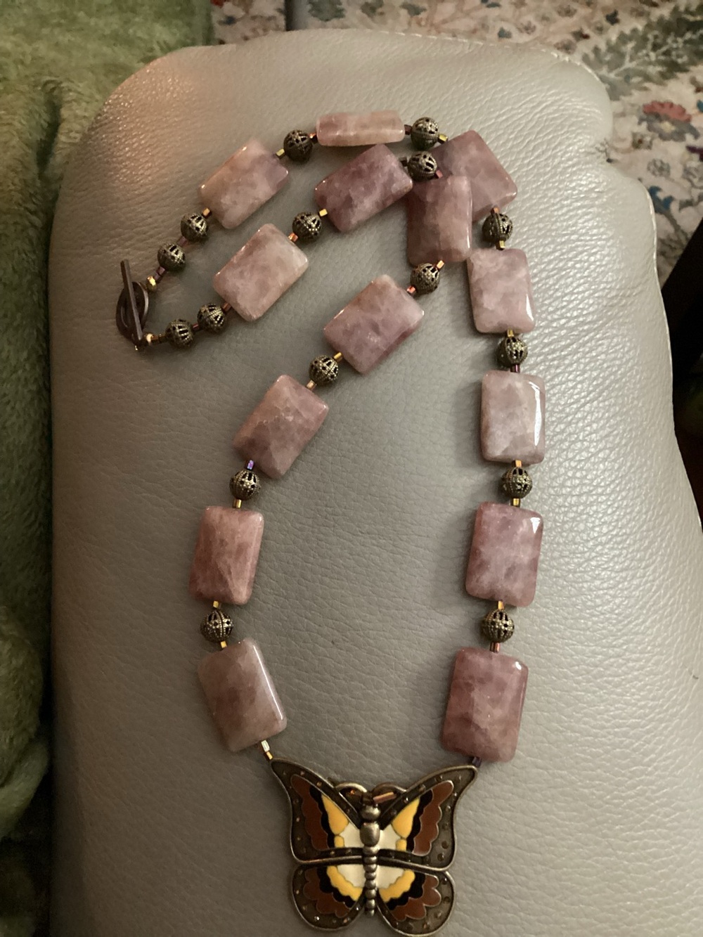 Large Strawberry Quartz Necklace with Butterfly Pendant